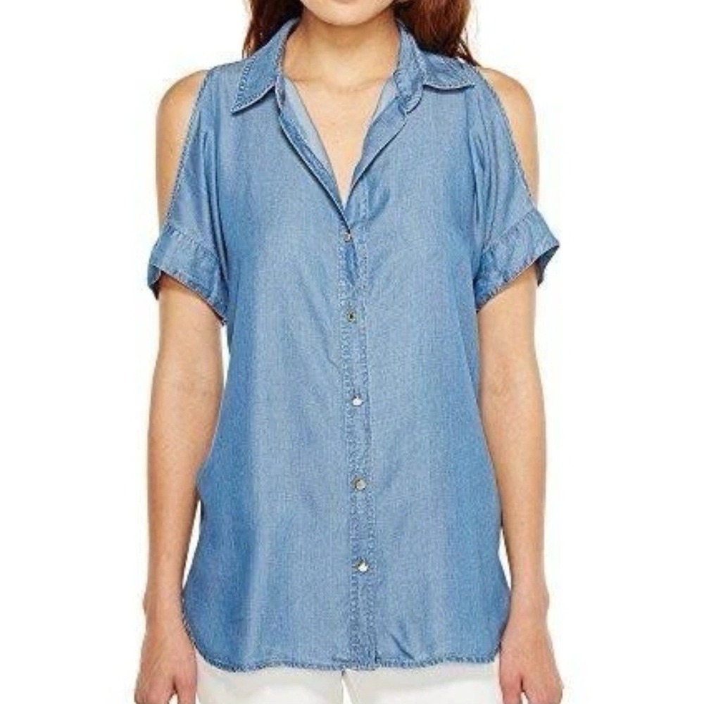 Michael Kors Shirt Womens XS Blue Chambray Cold Shoulder Button Down Gold Logo